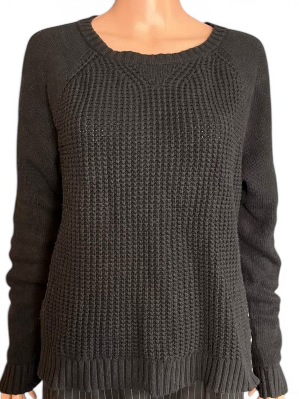 Lauren Jeans Black Waffle Knit Sweater L Cotton/Angora Blend Side Button Accent